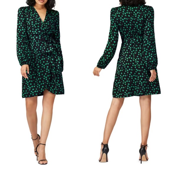 Cynthia Rowley Dresses & Skirts - Cynthia Rowley Green Polka Dot Wrap Dress Black Long Sleeve V-Neck Size 0